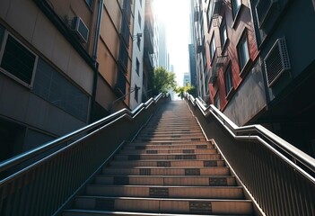 Urban staircase ascending amidst city buildings, sunlight dappled on steps,  high angle,  concrete steps
