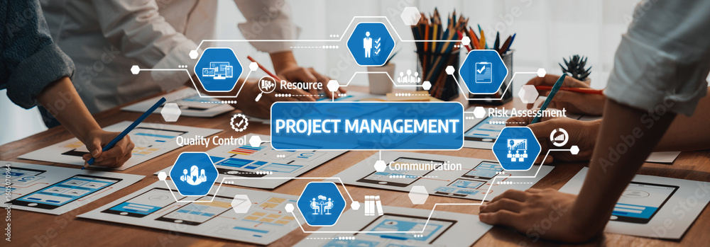 Poster explore the dynamic world of project management through an engaging visual setup featuring charts, d