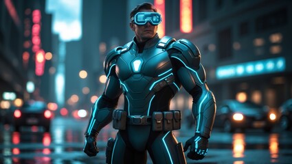 A futuristic superhero in a neon-lit city, ready for action in the rain.