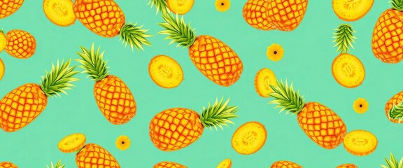 Tropical pineapple seamless pattern, vibrant yellow fruit on teal background ,   modern,  tropical