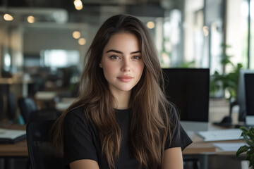 Woman works at a modern office. Brunette looks at camera. Headshot portrait for business, web, or marketing usage.