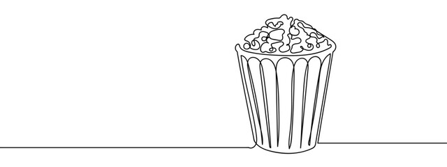 Popcorn Bucket Continuous Line Movie Simple art lines, vector on transparent background, editable strokes.