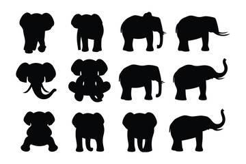 Collection of silhouetted flamingos standing gracefully on one leg against a white background