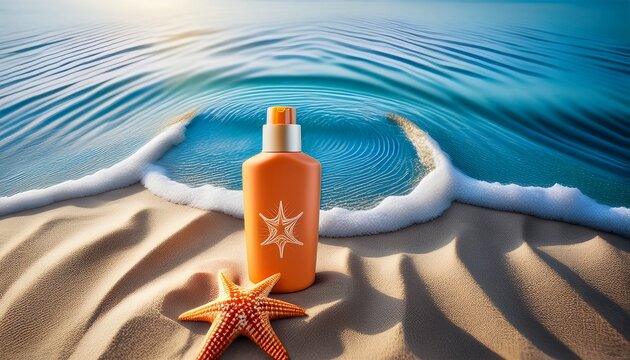 a sunscreen bottle placed on sandy shoreline highlights accompanied by a starfish imprint encircled by waves epitomizing beach safety and relaxation in nature
