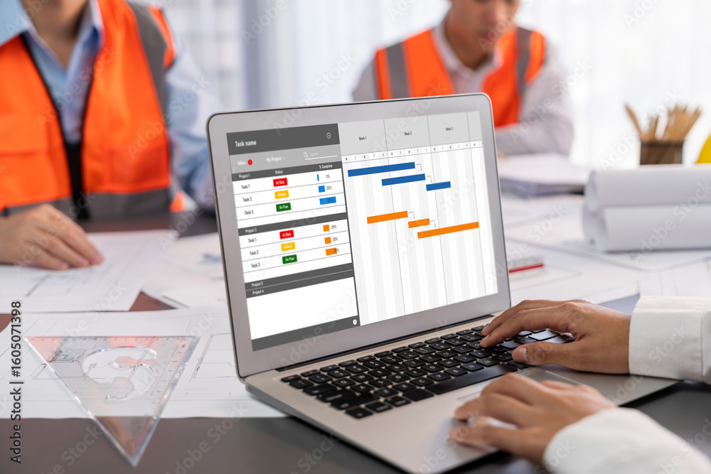 Poster project planning software for brisk business project management on the computer screen showing timel