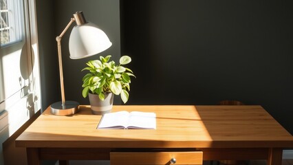 Wooden Desk with Lamp and Houseplant in Sunlight

