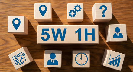 The word "5W1H". Thinking about business plan. Putting wood cubes with alphabets and icons. Top view of wood table.