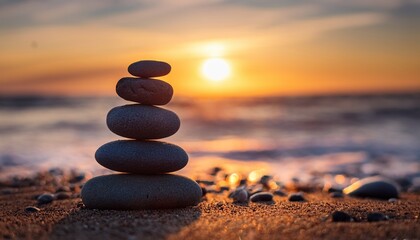 a serene stack of pebbles on the beach symbolizing balance and tranquility at sunset perfect for mindfulness and relaxation