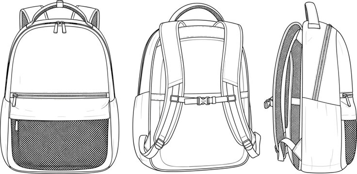 CAD drawing flat vector illustration of backpack design, front back side view, technical sketch, adjustable straps, travel bag blueprint