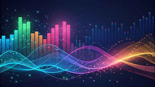 A vibrant abstract background featuring colorful data waves and equalizer bars, representing digital audio, music spectrum, and technological visualization - Powered by Adobe