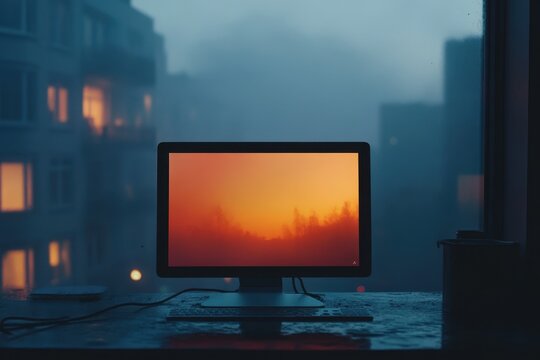 Weather forecast displayed on a computer screen with foggy urban backdrop at dusk, weather forecast on screen