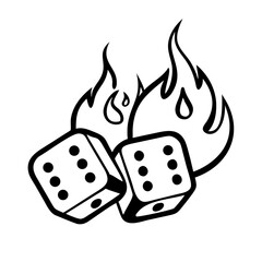 Dice with flame illustration in black and white style  