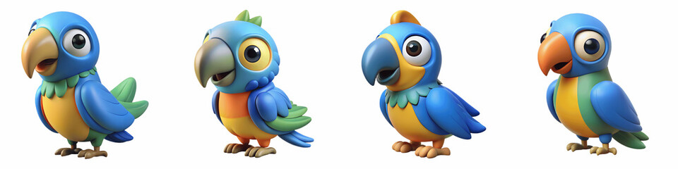 Set for Four cartoon parrots with different poses isolated on a transparent background