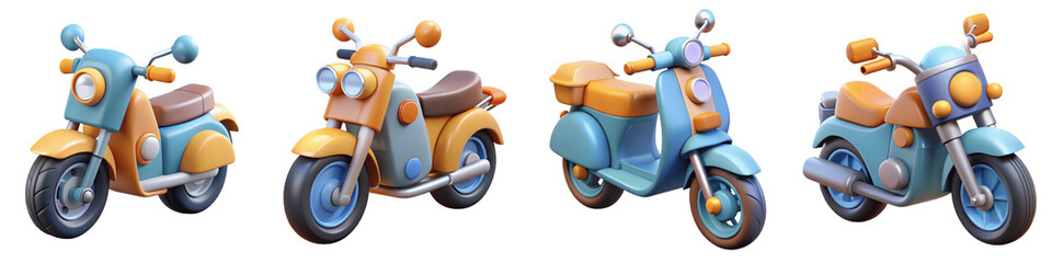 Set for A collection of four cartoonstyle scooters in different colors and designs on a transparent background