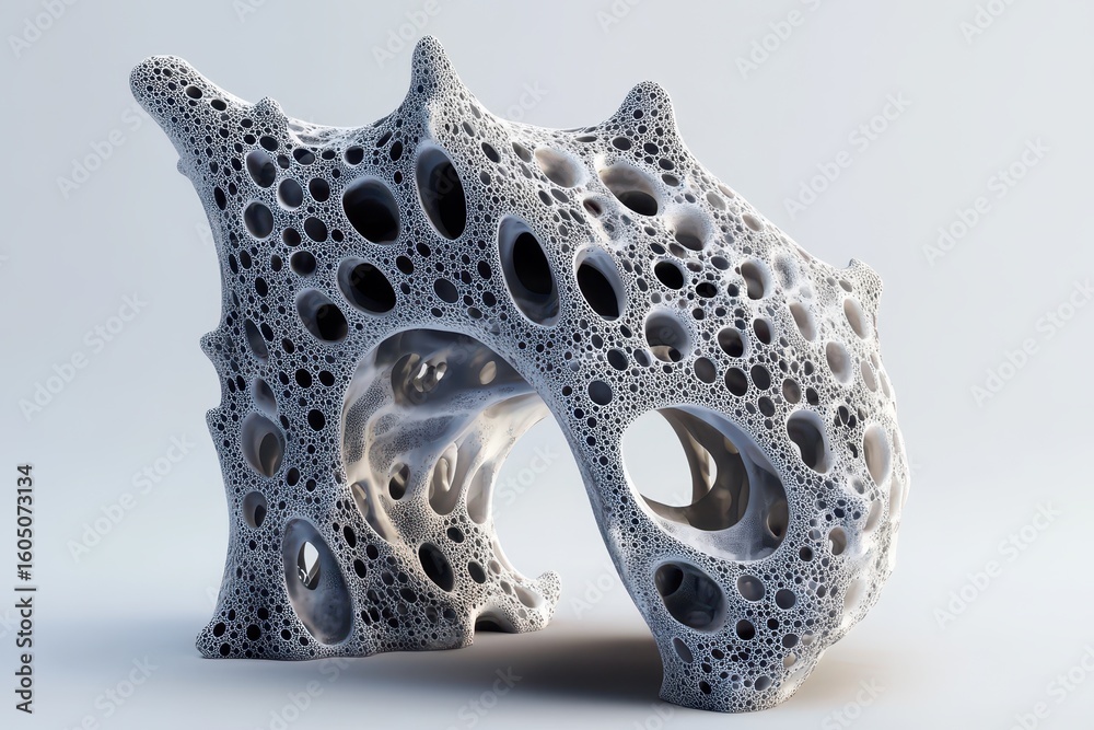 Poster exploring a complex fractal shape with unique textures and intricate patterns in digital design, dig