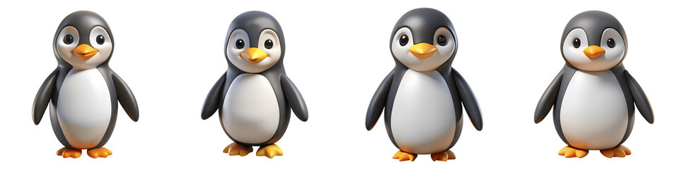 Set for Four adorable cartoon penguin characters standing in a row on a transparent background