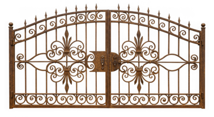 A detailed view of an old rusty wrought iron gate with decorative scrolls and fleurdelis accents against a transparent background