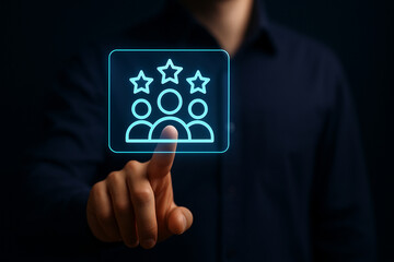 Businessman Tapping Glowing Digital Team Icon Interface with Stars, Futuristic User Experience, Leadership Concept, Innovative Technology Background