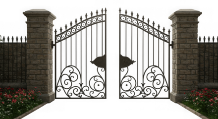 An ornate wrought iron gate stands open flanked by stone pillars inviting entry to a garden estate with decorative swirls and speartopped bars isolated on transparent background