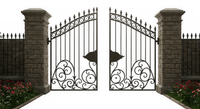 An ornate wrought iron gate stands open flanked by stone pillars inviting entry to a garden estate with decorative swirls and speartopped bars isolated on transparent background