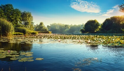 landscape on the lake in the hydropark in kyiv calm water and blooming water lily buds