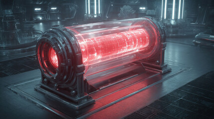 A captivating close-up of a futuristic cylindrical power core or battery, glowing intensely with red light, showcasing cutting-edge energy technology in a dark, high-tech setting.