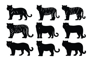 Collection of stylized black and white zebra silhouettes in various poses on a white background