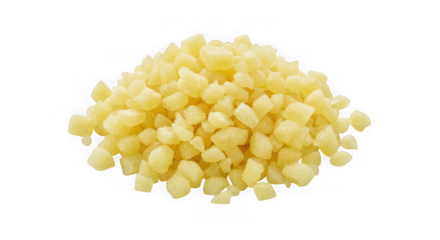 Pile of diced potatoes on transparent background ingredient for cooking and culinary preparation closeup studio shot