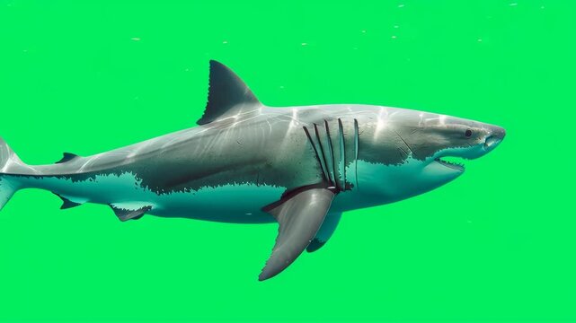Great white shark swimming with a green screen background