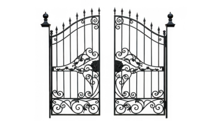 Elegant wrought iron gates open featuring intricate scrollwork and decorative finials against a transparent background
