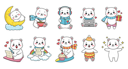 Set sticker of adorable kawaii chibi polar bear characters 