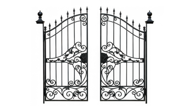Elegant wrought iron gates open featuring intricate scrollwork and decorative finials against a transparent background