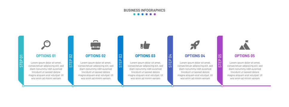 Progress bar featuring 5 arrow-shaped elements, symbolizing the five stages of business strategy and progression. Clean timeline infographic design template. Vector for mobile presentation.