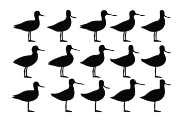 Collection of silhouetted birds in various poses showing wings spread perched and standing on branches