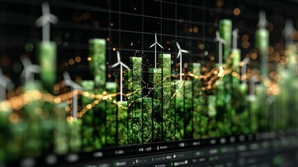 Obraz premium A futuristic 3D bar graph with green, city-like towers and wind turbines, overlaid with a glowing orange line graph, visualizing the growth and investment in sustainable energy technology.