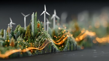 Naklejka premium A futuristic 3D bar graph with green, city-like towers and wind turbines, overlaid with a glowing orange line graph, visualizing the growth and investment in sustainable energy technology.
