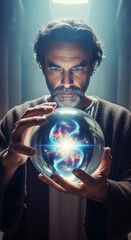 A man gazes intently at a crystal ball, filled with swirling energy.