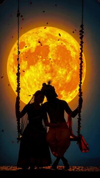 Romantic Radha Krishna on swing, big bright full moon. Hindu god and goddess, spiritual embrace. Traditional Indian art. Love, couple, god, religion, young, romance, lord, Hinduism. Silhouette, lord  