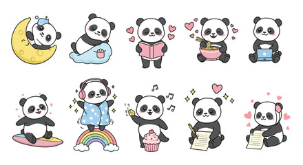 Naklejka premium Set sticker of adorable kawaii chibi panda characters 