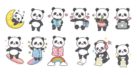 Set sticker of adorable kawaii chibi panda characters 