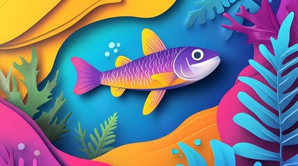 Colorful paper cut fish in an underwater scene