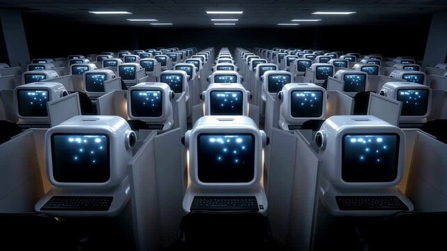 Robots replacing humans in office cubicle rows &ndash; concept of automation and AI workforce in corporate environment