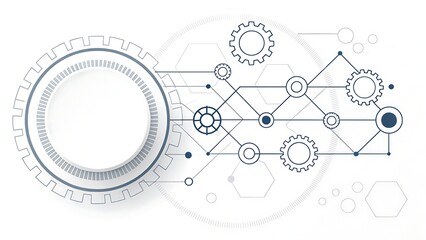 Abstract technology design with interconnected gears and circuit lines symbolizing digital networks and mechanical systems