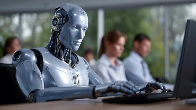 AI replacing humans in office work &ndash; humanoid robot using computer next to human employees