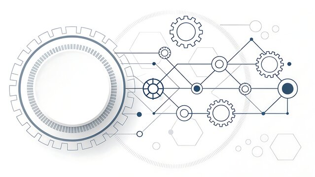 Abstract technology design with interconnected gears and circuit lines symbolizing digital networks and mechanical systems