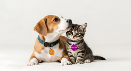 A dog and a kitten with collars and tags posing together on a white background in a studio shot