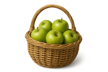 Green apples spilling from rustic wicker basket, showcasing orchard harvest freshness against clean white backdrop for seamless design placement