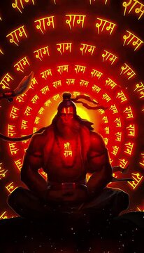 Hanuman, the Hindu god, meditating amidst a glowing 'Ram' mantra, radiating spiritual energy. Divine illustration, ancient Indian culture, religious devotion, sacred, yoga practice. Mahabharata story