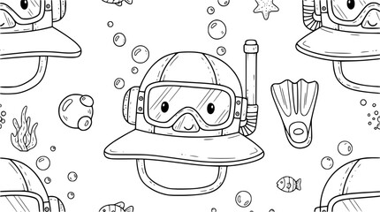 Cute cartoon diver helmet with bubbles and fish, isolated on white background
