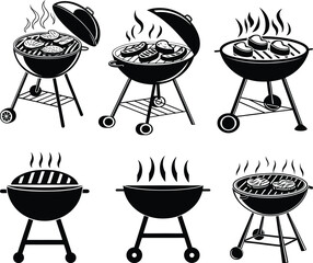 "Black and White Illustration Set of Charcoal BBQ Grills with Smoke – Vintage Outdoor Barbecue Cooking Icons Collection"